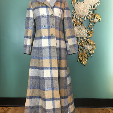 1970s plaid coat, hooded coat, vintage70s coat, maxi coat, size small, bohemian style, hippie coat, blue and beige, full length, 34 bust 