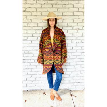 Southwestern Blanket Coat // wool red boho hippie jacket dress southwest southwestern aztec 80s 90s // O/S 