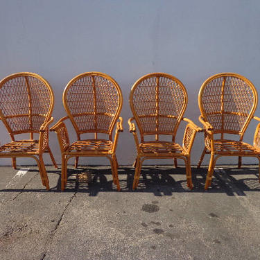 4 Rattan Chairs Chinoiserie Chinese Chippendale Vintage Bohemian Boho Chic Beach Armchair Cane Bentwood Faux Bamboo Furniture Accent Seating 