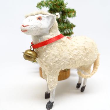 Antique 1930's German 3 1/2 Inch Wooly Sheep with Bell, for Christmas Putz or Nativity Creche, Vintage Toy Lamb Germany 
