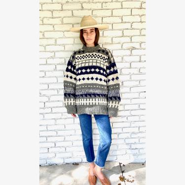 Hand Loomed Wool Sweater // vintage 70s knit boho hippie grey white dress blouse hippy sweater 80s // O/S 