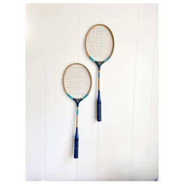 Pair of Vintage Blue Badminton Rackets, ACE Logo, Made in Japan, Wall Decor Sports Bar Game Room 