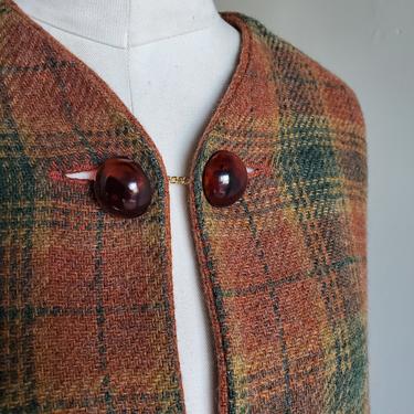 1950's Wool Reversible Walnut w/ Blue and Purple Plaid and Russet Brown Cape Vintage 