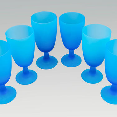Frosted Blue Wine Glasses (set of 6) | Satin Celeste Blue Water Goblets | Unique Vintage Glassware | Atomic Barware Drinkware 