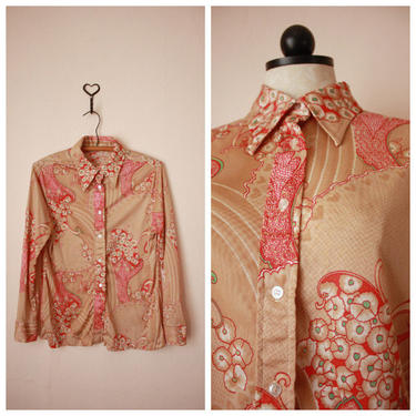 70s Novelty Silky Nylon Shirt with Dagger Collar and Heart Paisley Print Size M / L 