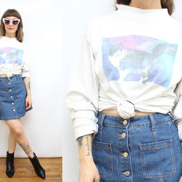 Vintage 90's White Cat Longsleeve Mockneck T-Shirt / 1990's Space Cat Shirt / Worn in T-Shirt / CATS / Women's Size Small - Medium - Large by Ru