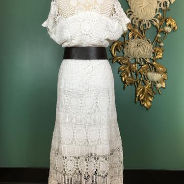 1980s dress, white crochet, vintage 80s dress, bohemian dress, medium, hippie style, cap sleeve, blouson, boho style, cotton, summer, knit 