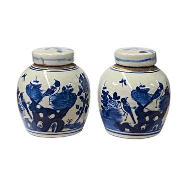 Pair Blue White Small Oriental Flower Bird Porcelain Ginger Jars ws1383E 