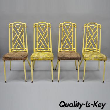 4 Yellow Hollywood Regency Metal Faux Bamboo Dining Chairs Vtg Chippendale Set