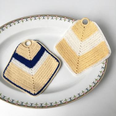 Blue, butter and cream vintage crocheted potholders - vintage kitchen 