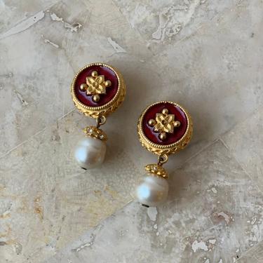 Vintage Gerard Yosca Byzantine Enameled Faux Pearl Drop Earrings, Circa 1980s 