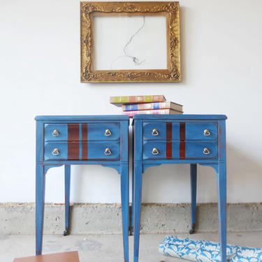 Samples: Two Antique Mahogany End Tables in Blue 