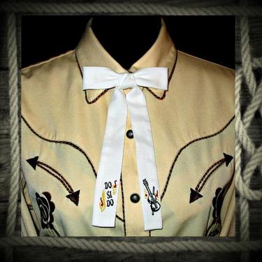 String Tie for Western Shirts, Ivory with Music Words &amp; Fiddle, Rodeo Tie, Square Dance Tie, Bow Tie, Clip On Tie, Vintage Tie 