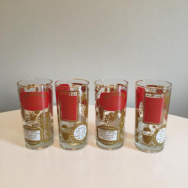 Vintage Jeannette Glass Highball Glasses, Set of 4, Red and Gold Tumblers With Cocktail Recipes, Cocktail Glasses, Mid Century Barware 