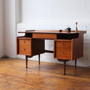 Restored Walnut Double Pedestal Floating Desk by Hooker Furniture 