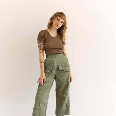 Vintage 23 24 25 Waist Olive Green Fatigues | 1940s Herringbone Twill Cargo Trousers | Army Pants | F302 