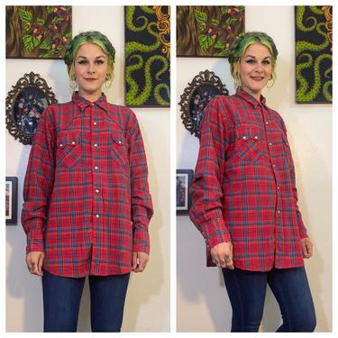 Vintage 1950’s Red Plaid Pearl-snap Shirt with  Pointy Pockets 