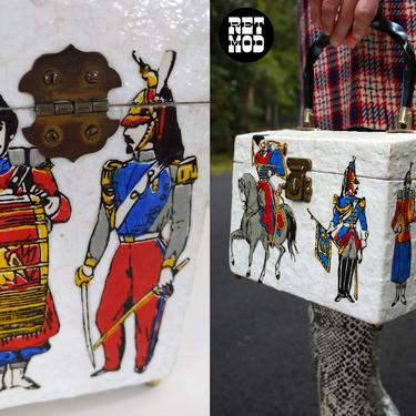 So Cool Vintage 60s 70s White Wood Box Purse with British Soldier Theme Decoupage 