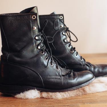size 8 justin roper boots // black leather kiltie lace up boots // vintage genuine leather boots 