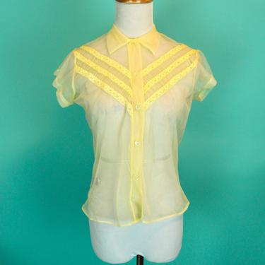 Vintage 1950s Yellow Nylon Lace Blouse Top Shirt  Size S XS 