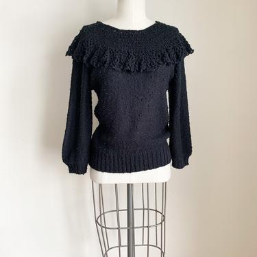 Vintage 1980s Black Boucle Knit Sweater with oversized collar / M 