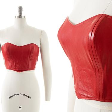 Vintage 1980s Top | 80s Red Leather Sweetheart Neckline Strapless Cropped Moto Tube Top (small/medium) 