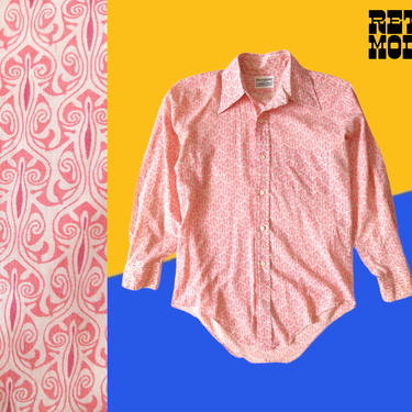Vintage 60s 70s Pink & White Psychedelic Art Nouveau Patterned Cotton Button Down Men's Long Sleeve Collared Shirt 