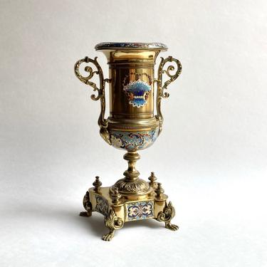 Fine Antique French Bronze Champleve Enamel Urn Vase, Late 19th - Early 20th C 
