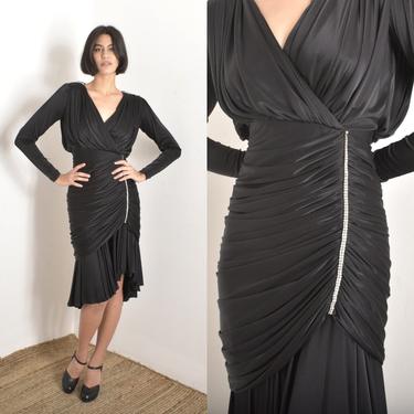 Vintage 1980s Dress / 80s Ruched Rhinestone Party Dress / Black ( XS S ) 