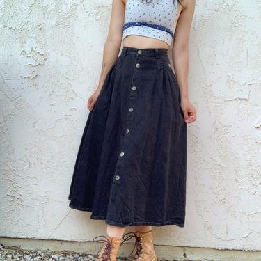 Vintage 80's 90's Cherokee Black Denim Jean Button Up High Waisted Mid Length Skirt with Pockets Made in USA sz 28 
