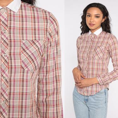 Western Plaid Top 70s Checkered Long Sleeve Button Up Collared Cowgirl Blouse 1980s Purple Red Yellow Cowboy Shirt Vintage Extra Small XS 