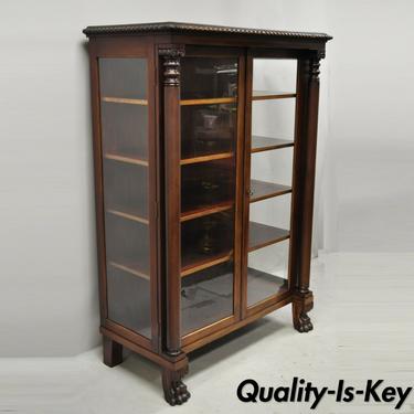 Antique American Empire Mahogany Glass Carved Paw Feet Display Cabinet Bookcase