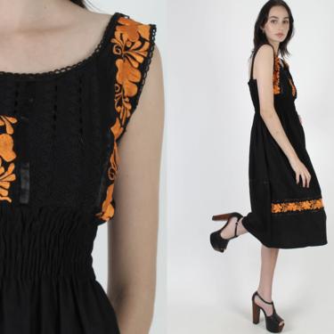 Black Crochet Tent Dress / Cotton South American Embroidered Dress / Vintage Mexican Bright Orange Floral / Smocked Elastic Stretchy Waist 