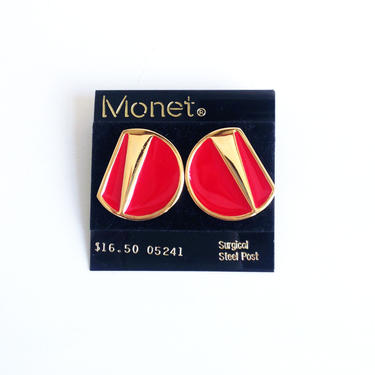 Vintage Geometric Earrings / Monet / Gold Tone and Red 
