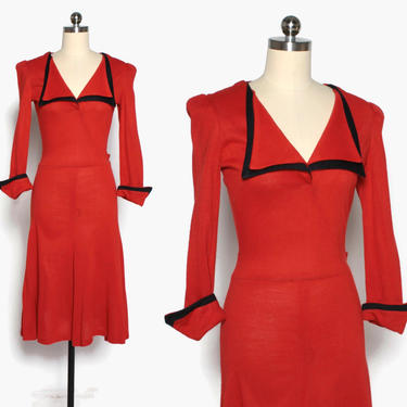 Vintage 70s BIBA Dress / 1970s Red &amp; Black Puff Sleeve Dress by luckyvintageseattle