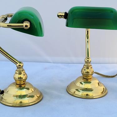 Vintage Miniaturized Salesman Sample Emerald Green Piano Bankers Lamps - a Pair