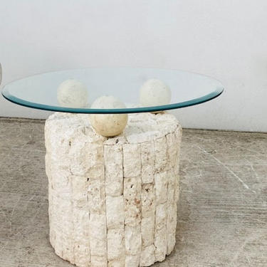 Circular Travertine and Glass Side Table
