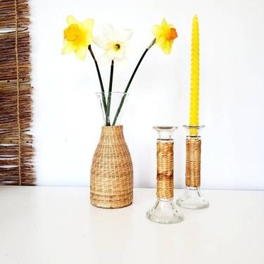 Versatile Wicker Wrapped Vase &amp; Candleholder Set 