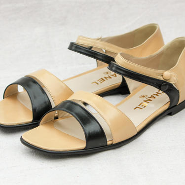 Vintage 90s Chanel Black and Tan Leather Double Ankle Strap Sandals | UNWORN | Size 39.5 | Made in Italy | 1990s Coco Chanel Designer Shoes 