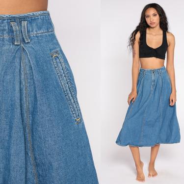 Pleated Denim Skirt 80s 90s High Waisted Blue Jean Cotton Midi Pocket Boho 1980s 1990s Retro Vintage Bohemian Simple Small 4 26 