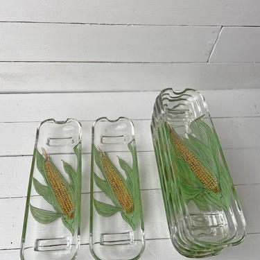 Vintage Glass Corn Tray, Holders, Set of 7 | Rustic, Farmhouse, Cottage Corn Cob Serving Dish, Vintage Glass, Retro, Fourth of July 
