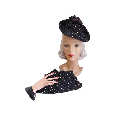 1940s Black & White Polka Dot Tilt Hat and Matching Handbag - 40s Matching Hat and Purse - 1940s Polka Dot Purse - 1940s Polka Dot Tilt Hat 