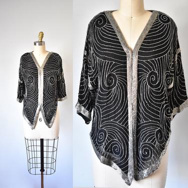 Roxy beaded silk cardigan, 80s black and silver jacket, beaded top, 70s blouse 
