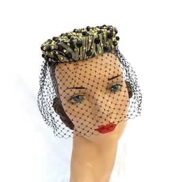 Vintage 1950's Saks Fifth Avenue Black and Gold Metallic Pillbox Mini Hat with Veil Evening Cocktail Party 50's Party Accessories 