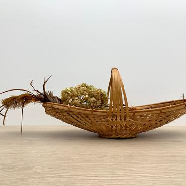 Vintage Bamboo Basket | Long Oblong Woven Basket with Handle | Natural Boho Decor 