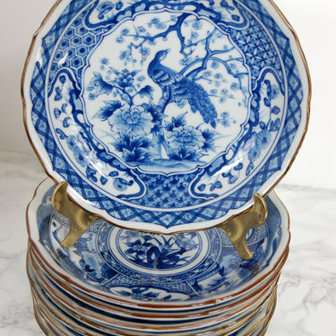 Blue and White Porcelain Bowls - Asian Bowls - Peacock Blue White Japanese Bowls by PursuingVintage1