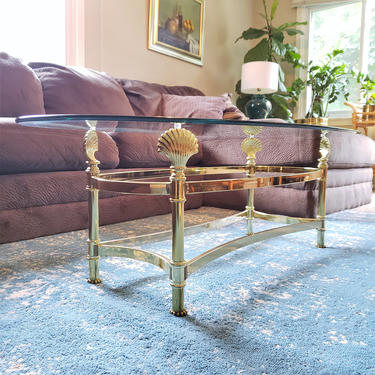 Vintage Brass Shell Tables with Glass Tops | Coffee &amp; End Table Pair Gold Nautical | MCM, Hollywood Regency, Art Deco 80s Revival Home Décor 