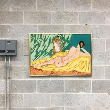 Vintage Nude Needlepoint 1970s Retro Size 25x37 Naked Woman Lounging + Colorful Fiber Art + Homemade + Wall Decor + Gold Metal Frame + Home 