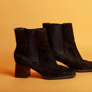 Vintage Black Velvet Chunky Heel Stretchy Ankle Boots 