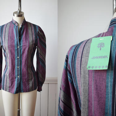 Vintage 1970s/80s Striped Puff Sleeve Button Down by John Meyer | New Old Stock Cotton Blouse with Cuffed Sleeves Purple Teal Grey | M 
